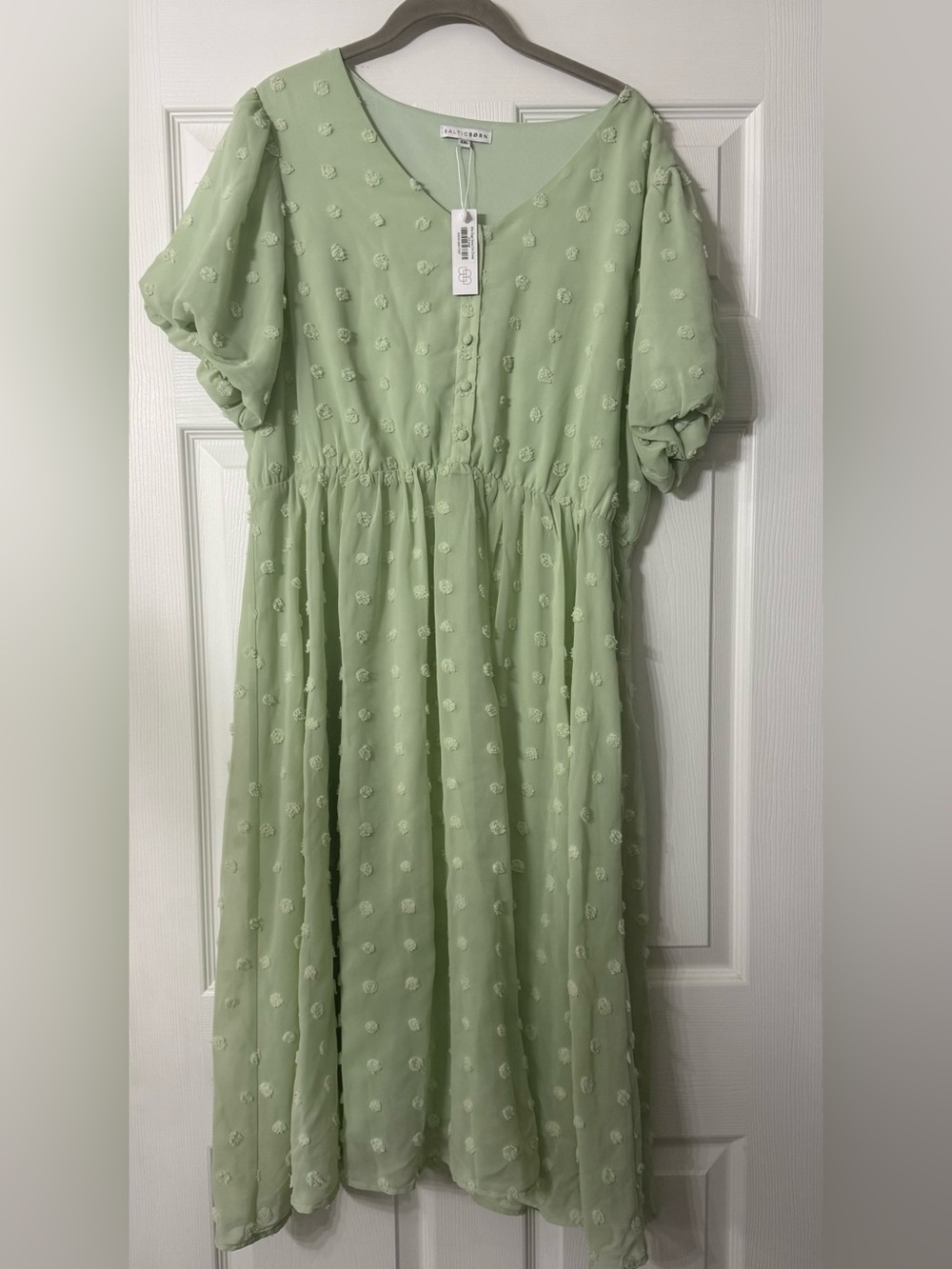 Baltic Born: Light Green Midi Dress with Swiss Dot Texture